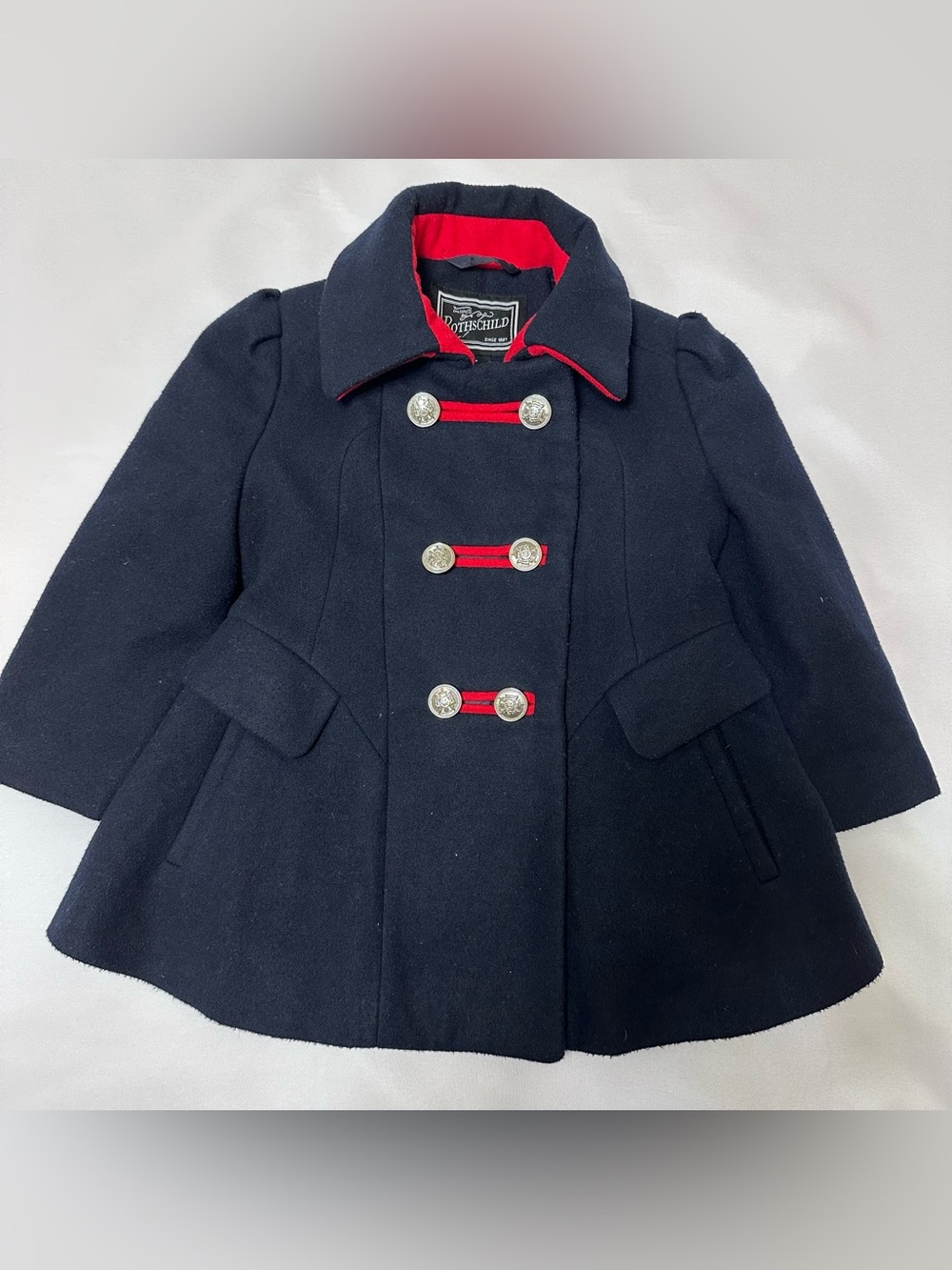 Rothschild Navy dress Coat military/ Peacoat/ double breasted style Red Trim 2T